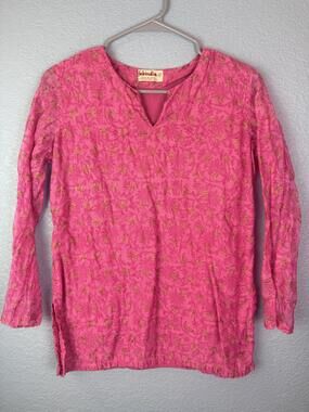 Fabindia Tunic Top Womens Medium Pink Floral Cotton Silk Boho Kurta Shirt